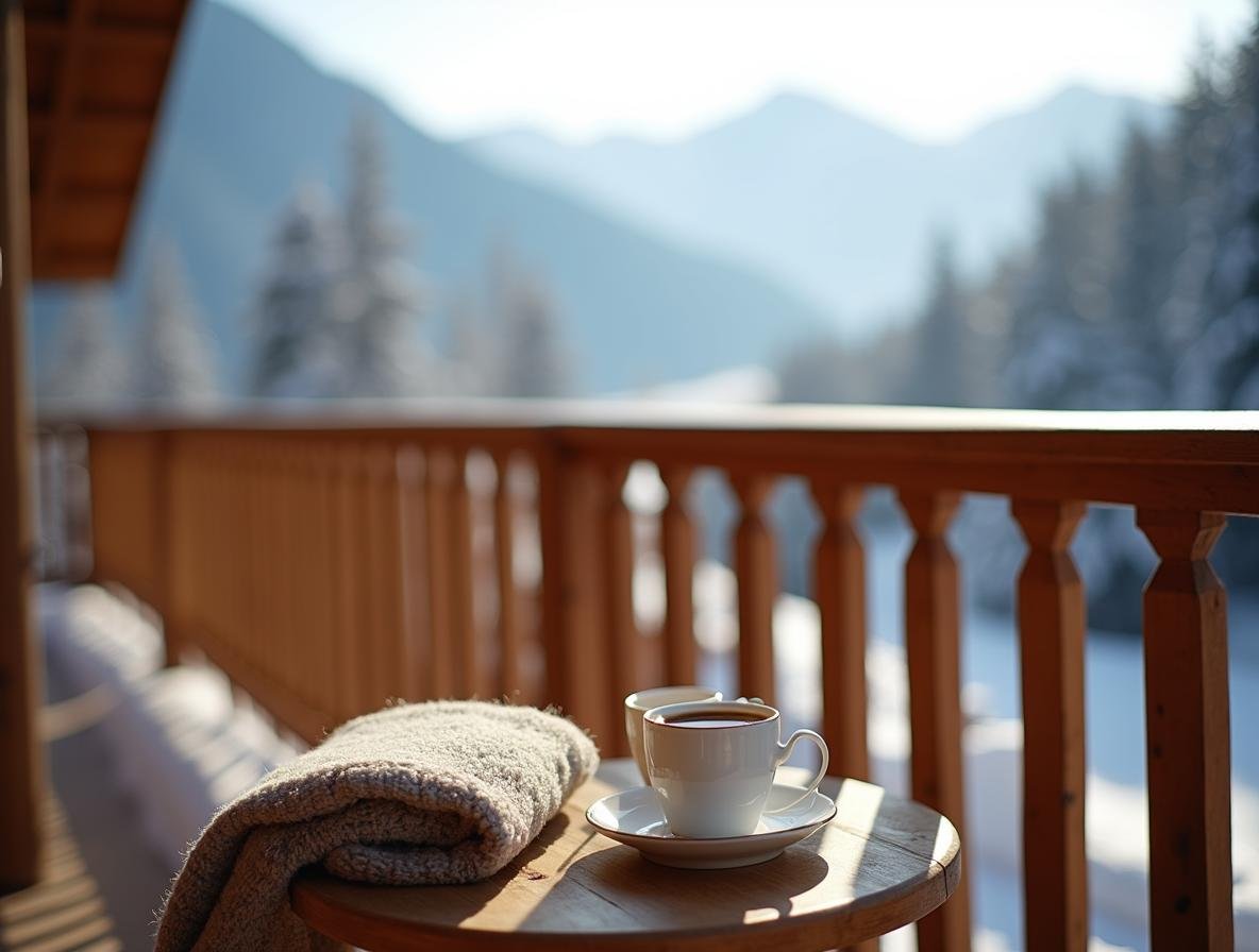 Balkón hotelovej izby s rannou kávou a výhľadom na Tatry